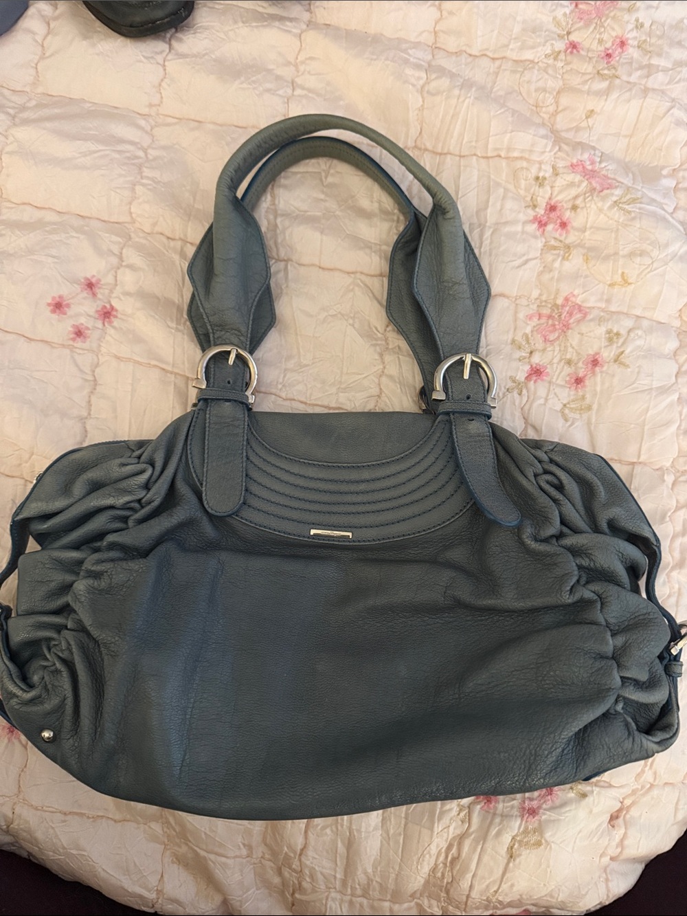 Ferragamo Women's Ruched Leather Tote Handbag in Slate Blue